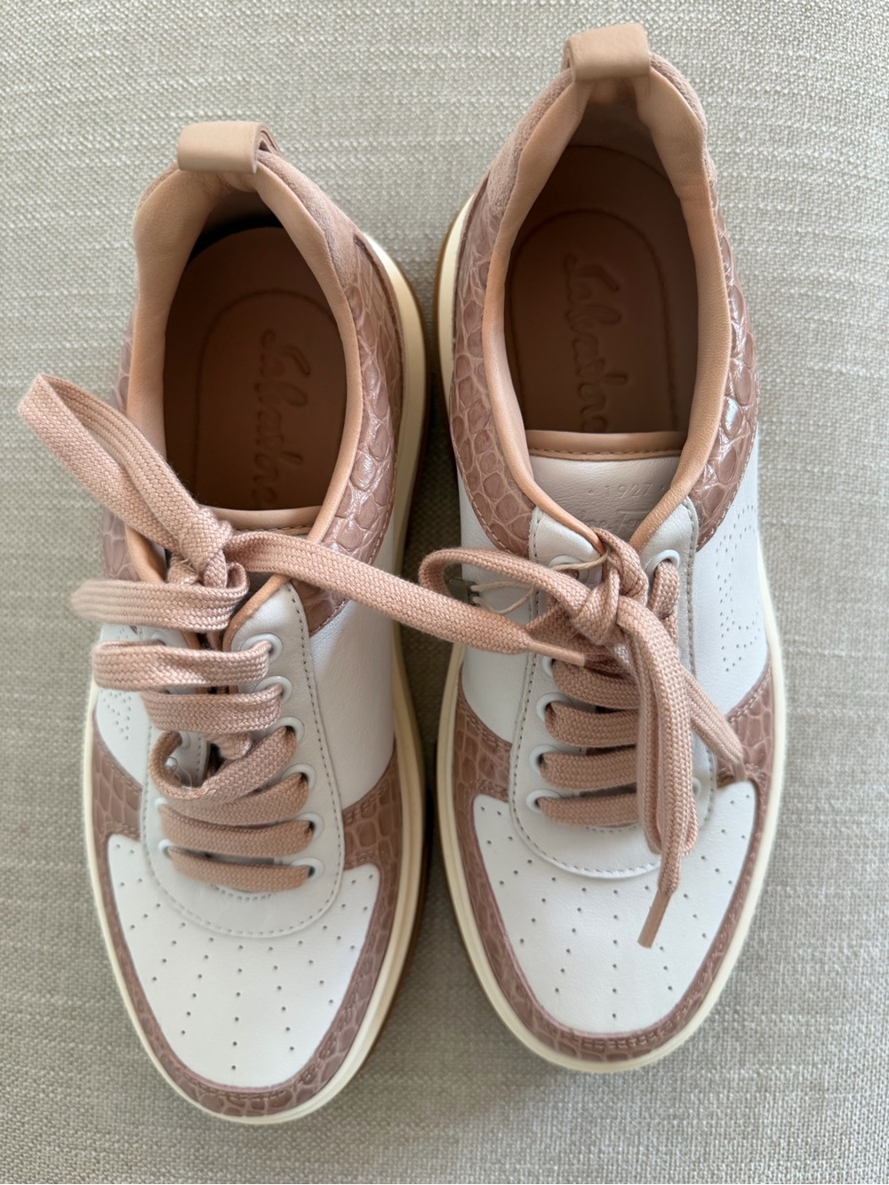 Salvatore Ferragamo NEW Pink, White and Brown Leather Sneakers/ size 8.5 - Picture 5 of 7